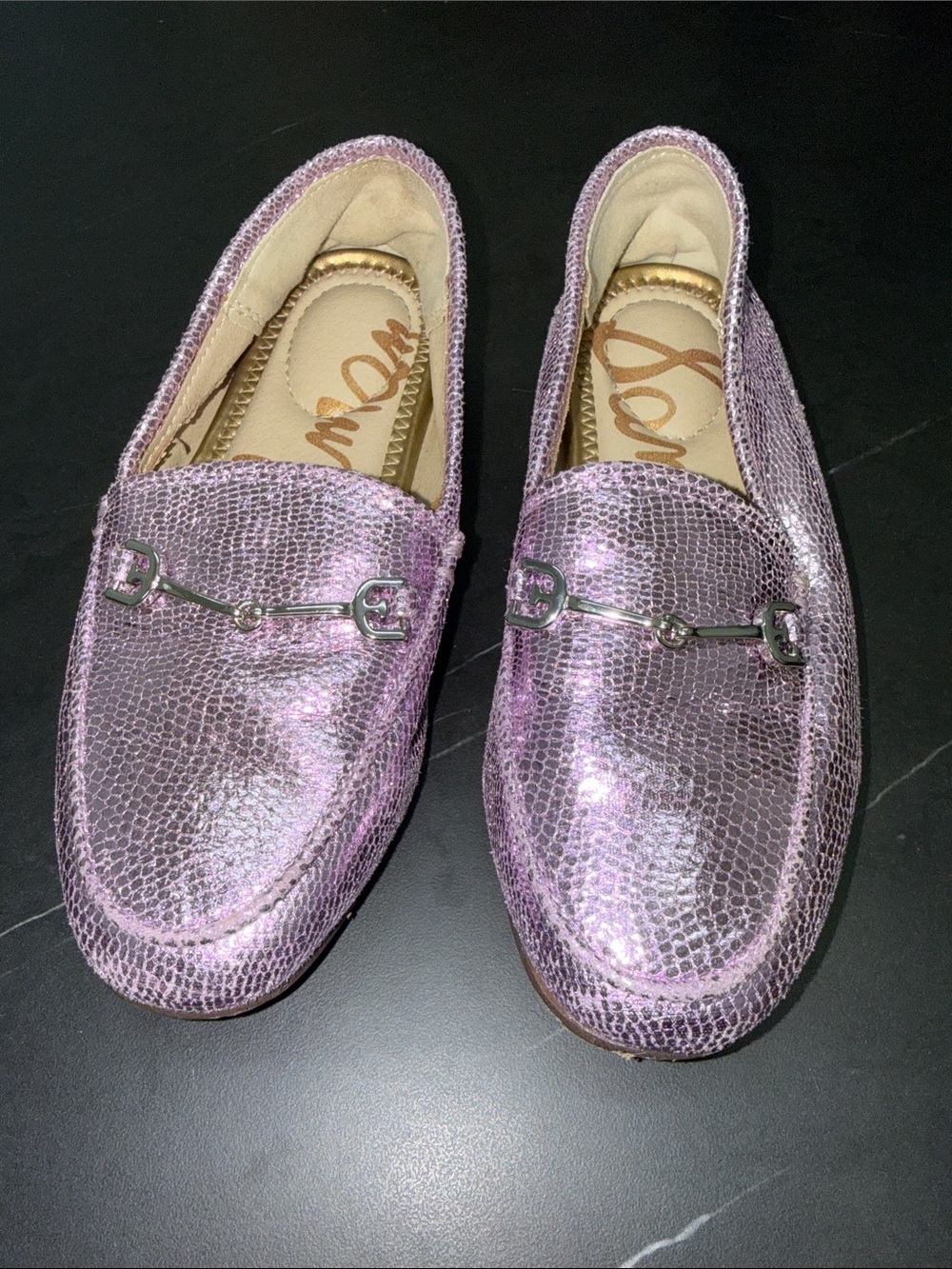 Girls Sam Edelman Metallic Lilac Leather Loafers with Bit Accent